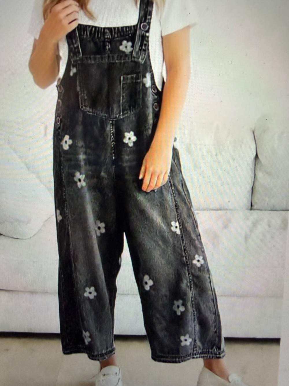 Baggy Floral Print Denim Bib Overalls with Wide Leg - NWT - Size - M